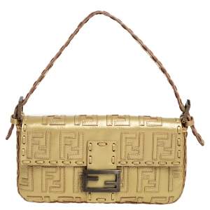 Fendi Gold Zucca Leather Whipstitched Baguette Flap Bag
