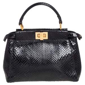 Pre Owned Fendi Black Python Mini Peekaboo Top Handle Bag
