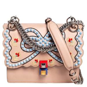 Pre Owned Fendi Peach Spike Embroidered Leather Small Kan I Shoulder Bag