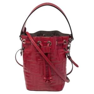 Pre Owned Fendi Red Zucca Leather Mini Mon Tresor Drawstring Bucket Bag