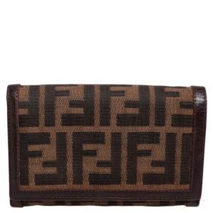 Pre Owned Fendi Tobacco Zucca Canvas and Leather Trim Flap Wallet