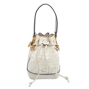 Pre Owned Fendi White Zucca PVC and Leather Mini Mon Tresor Drawstring Bucket Bag