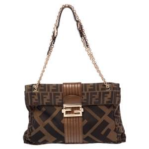 Fendi Tobacco Zucca Canvas and Leather Maxi Baguette Flap Shoulder Bag