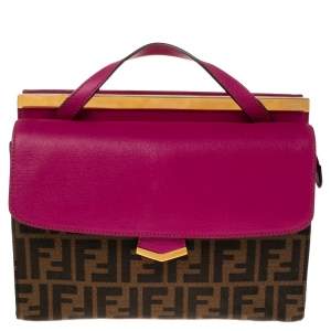 Pre Owned Fendi Brown/Pink Canvas And Leather Small Demi Jour Top Handle Bag