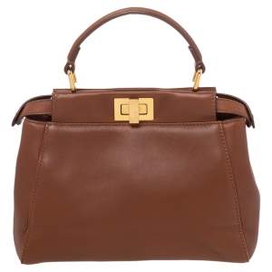 Pre Owned Fendi Brown Leather Peekaboo Top Handle Bag
