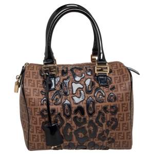 Pre Owned Fendi Tobacco Zucchino Coated Canvas And Patent Leather Boston Bag