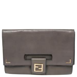 Pre Owned Fendi Grey Leather Foldover Clutch  