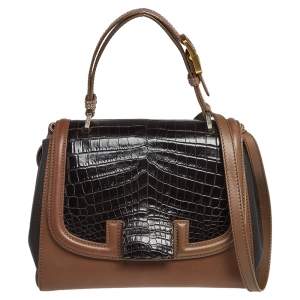 Pre Owned Fendi Black/Brown Stingray, Crocodile and Leather Silvana Top Handle Bag