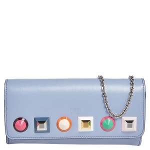 Fendi Light Blue Leather Studded  Flap Wallet On Chain