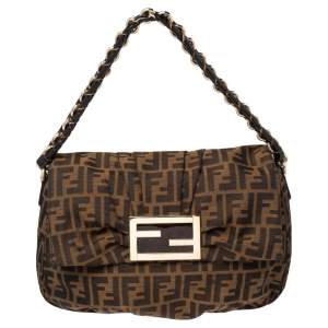 Pre Owned Fendi Tobacco Zucca Canvas and Patent Leather Mia Flap Shoulder Bag