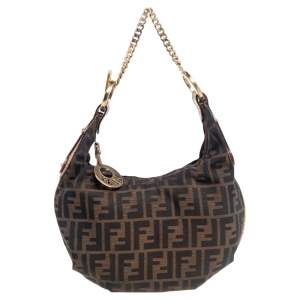 Pre Owned Fendi Tobacco Zucca Canvas and Textured Leather Chef Chain Link Hobo