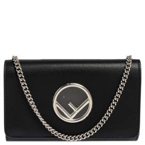Pre Owned Fendi Black Leather Small Divisa F Wallet On Chain Clutch