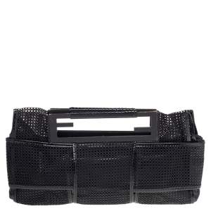 Pre Owned Fendi Black Mesh And Patent Leather Cutout Handle Clutch