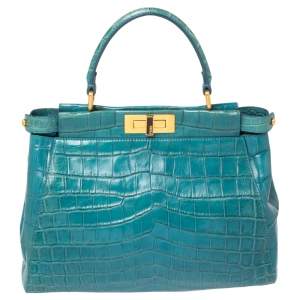 Fendi Teal Blue Crocodile Medium Peekaboo Top Handle Bag