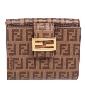 Pre Owned Fendi Brown Zucchino Coated Canvas Compact Wallet