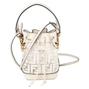 Pre Owned Fendi White Zucca PVC and Leather Mini Mon Tresor Drawstring Bucket Bag