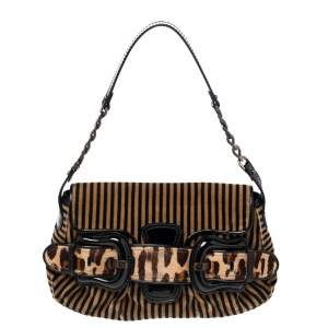 Pre Owned Fendi Brown/Black Striped Velvet and Calfhair B Bis Shoulder Bag