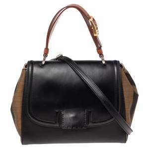 Pre Owned Fendi Black/Tobacco Penguin Stripe Canvas and Leather Silvana Top Handle Bag