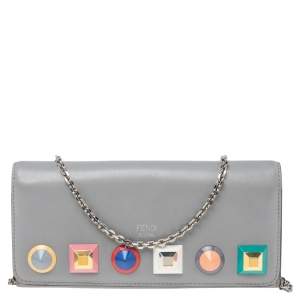 Fendi Grey Leather Studded Flap Wallet On Chain