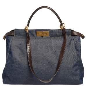 Fendi Blue/Brown Denim and Leather Large Peekaboo Top Handle Bag