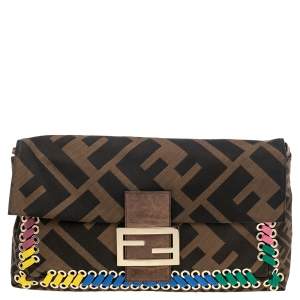Pre Owned Fendi Tobacco Zucca Canvas and Leather Whipstitch Baguette Oversize Flap Clutch