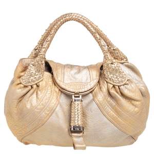 Pre Owned Fendi Gold Holographic Textured Leather Spy Bag