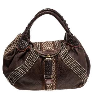 Pre Owned Fendi Brown Leather and Fabric Beaded Spy Hobo