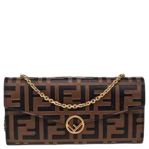 Fendi Tobacco Zucca FF Embossed Leather Continental Envelope Wallet on Chain