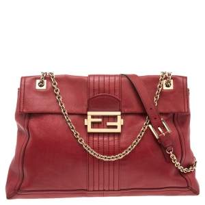 Fendi Red Leather Maxi Baguette Flap Shoulder Bag