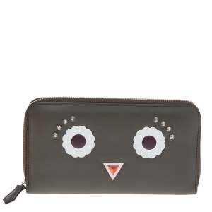 Pre Owned Fendi Taupe Leather Century Hypnoteyes Zip Around Wallet