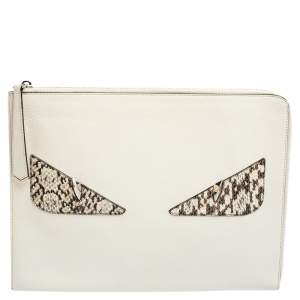 Pre Owned Fendi White/Grey Snakeskin & Leather Monster Flat Clutch
