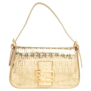 Pre Owned Fendi Gold Leather Zucchino Mama Baguette Bag