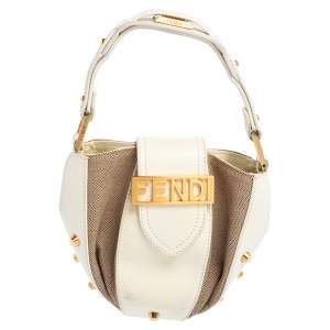Fendi Beige/White Zucca Canvas And Leather Baguette