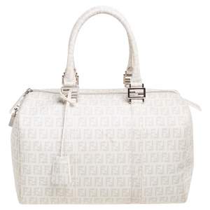 Pre Owned Fendi White Zucchino Coated Canvas Forever Bauletto Boston Bag