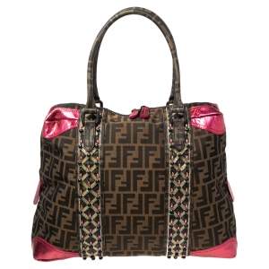 Fendi Tobacco Zucca Canvas And Pink Leather Embellished Satchel