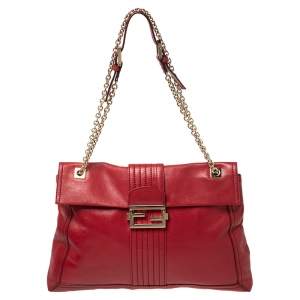 Fendi Red Leather Maxi Baguette Flap Shoulder Bag