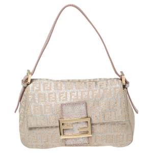 Pre Owned Fendi Beige/Silver FF Shimmer Fabric Mama Baguette Bag