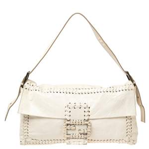 Fendi White Soft Leather Giant Baguette Whipstitch Shoulder Bag