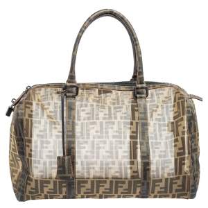 Pre Owned Fendi Tobacco Zucca Mesh and Coated Canvas Boston Duffel Bag