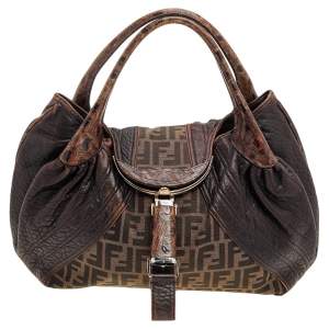 Pre Owned Fendi Tobacco Zucca Canvas And Leather Spy Hobo