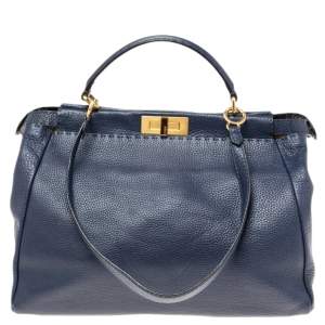 Pre Owned Fendi Blue Selleria Leather Large Peekaboo Top Handle Bag