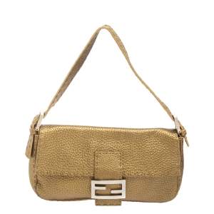 Fendi Metallic Green Sellier Leather Mama Baguette Bag
