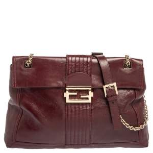 Fendi Dark Red Leather Maxi Baguette Flap Shoulder Bag