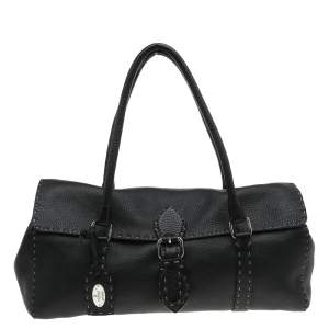 Pre Owned Fendi Black Selleria Leather Linda Flap Satchel