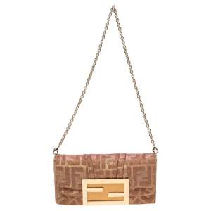 Pre Owned Fendi Gold/Pink Zucca Lurex Fabric Mia Pochette Bag