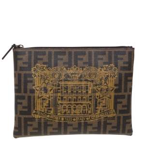 Pre Owned Fendi Tobacco Zucca Coated Canvas Flat Zip Pouch