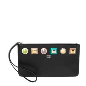 Pre Owned Fendi Black Leather Studded Wristlet Slim Clutch