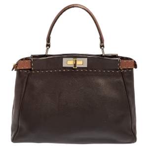 Pre Owned Fendi Dark Brown Leather Small Peekaboo Top Handle Bag
