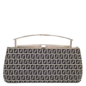 Pre Owned Fendi Navy Blue/White Zucchino Canvas Metal Frame Clutch