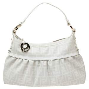 Pre Owned Fendi White FF Zucca Coated Canvas Chef Hobo